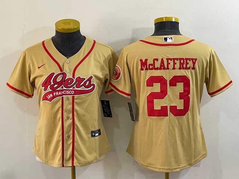 Women%27s San Francisco 49ers #23 Christian McCaffrey Gold With Patch Cool Base Stitched Baseball Jersey